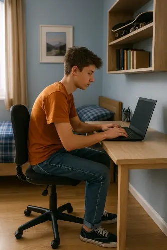 Zdjęcie przedstawia pokój, a w nim młody mężczyzna siedzi przy drewnianym biurku, skupiony na laptopie. Ubrany w ceglastą koszulkę, jeansy i ciemne sneakersy, zajmuje miejsce na czarnym krześle biurowym. Biurko jest minimalistyczne — poza komputerem stoi na nim niewielka roślina doniczkowa, dodająca przestrzeni naturalnego akcentu. W tle łóżko z niebieską, kraciastą narzutą, półka z książkami i deskorolką, zasłonięte okno oraz obraz nad łóżkiem.